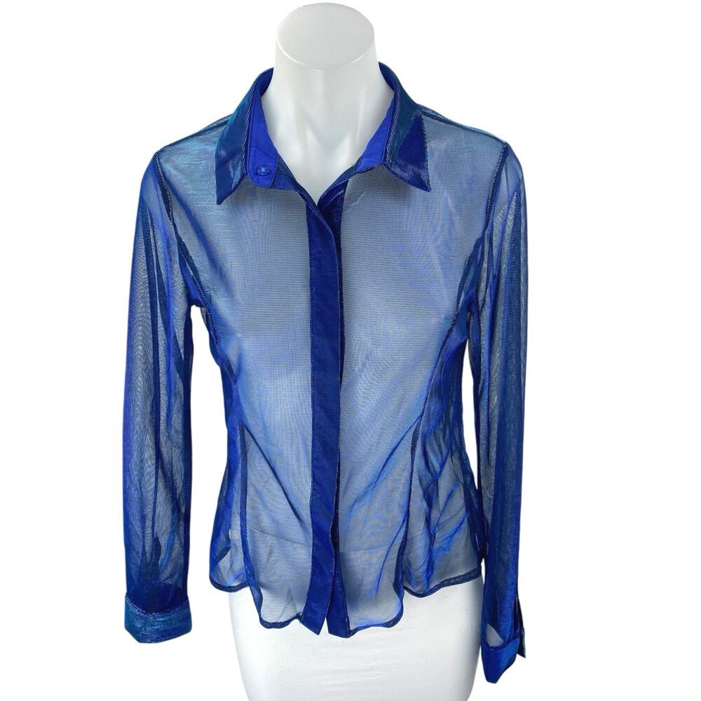 Superdown Womens Blue Metallic Mesh Long Sleeve Sheer Button Down Shirt Top Sz S